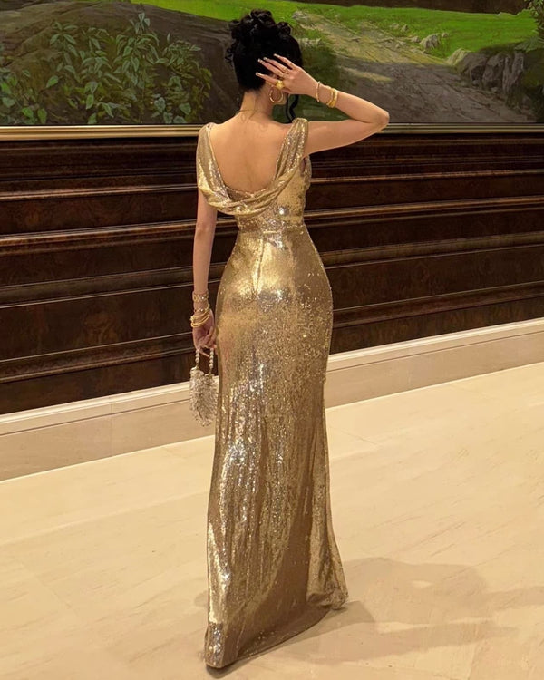 Mermaid Sequins Evening Dress Formal Off Shoulder Short Sleeves Floor Length Sparkle Christmas Party