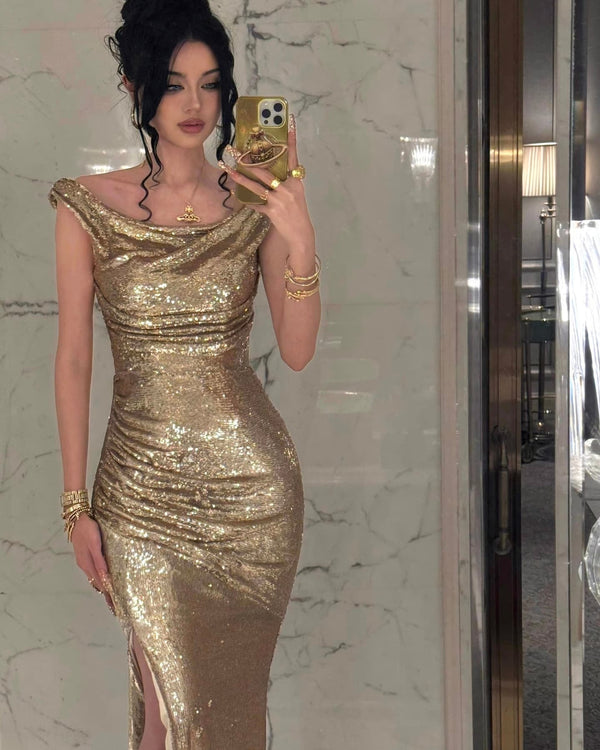 Mermaid Sequins Evening Dress Formal Off Shoulder Short Sleeves Floor Length Sparkle Christmas Party