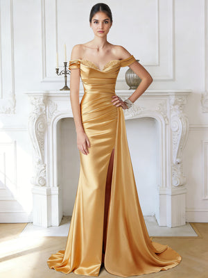 Sheath/Column Long Satin Evening Dresses Off-the-Shoulder Sleeveless Floor-length Beaded Cups Formal Dresses With Front Split