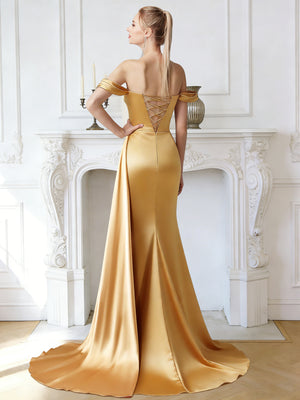 Sheath/Column Long Satin Evening Dresses Off-the-Shoulder Sleeveless Floor-length Beaded Cups Formal Dresses With Front Split