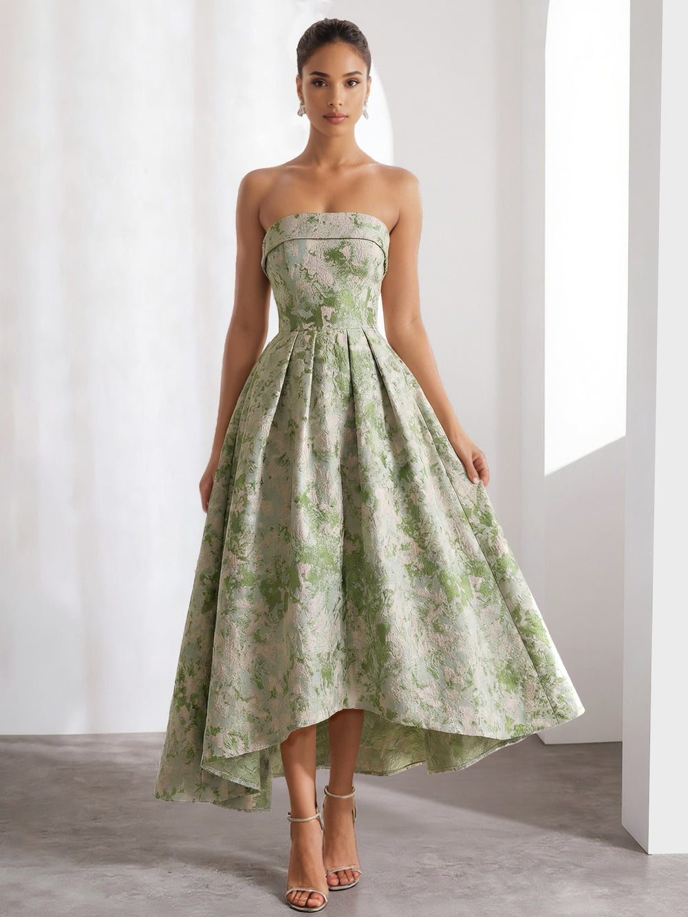 A-Line Cocktail Dress Elegant Jacquard Floral Dress High Low Tea Length Strapless with Pocket Wedding Guest Dress