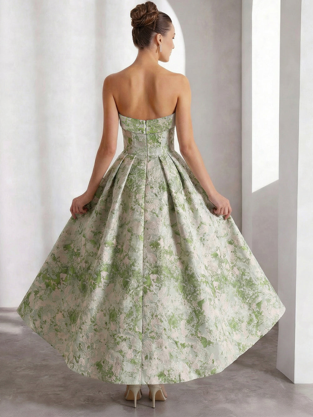 A-Line Cocktail Dress Elegant Jacquard Floral Dress High Low Tea Length Strapless with Pocket Wedding Guest Dress