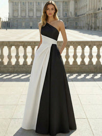 A-Line Evening Dresses Satin Floor Length One Shoulder Colorblock Formal Gown with Ruched