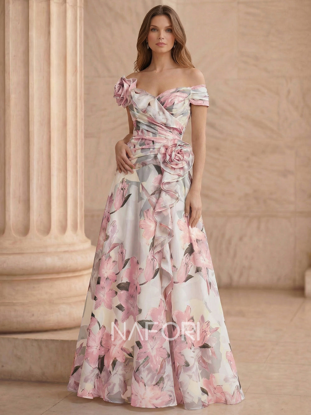 A Line/Princesses Floral Evening Dress Corset Elegant Pink Sleevelss Evening Dress Off The Shoulder Floor-Length Evening Dress