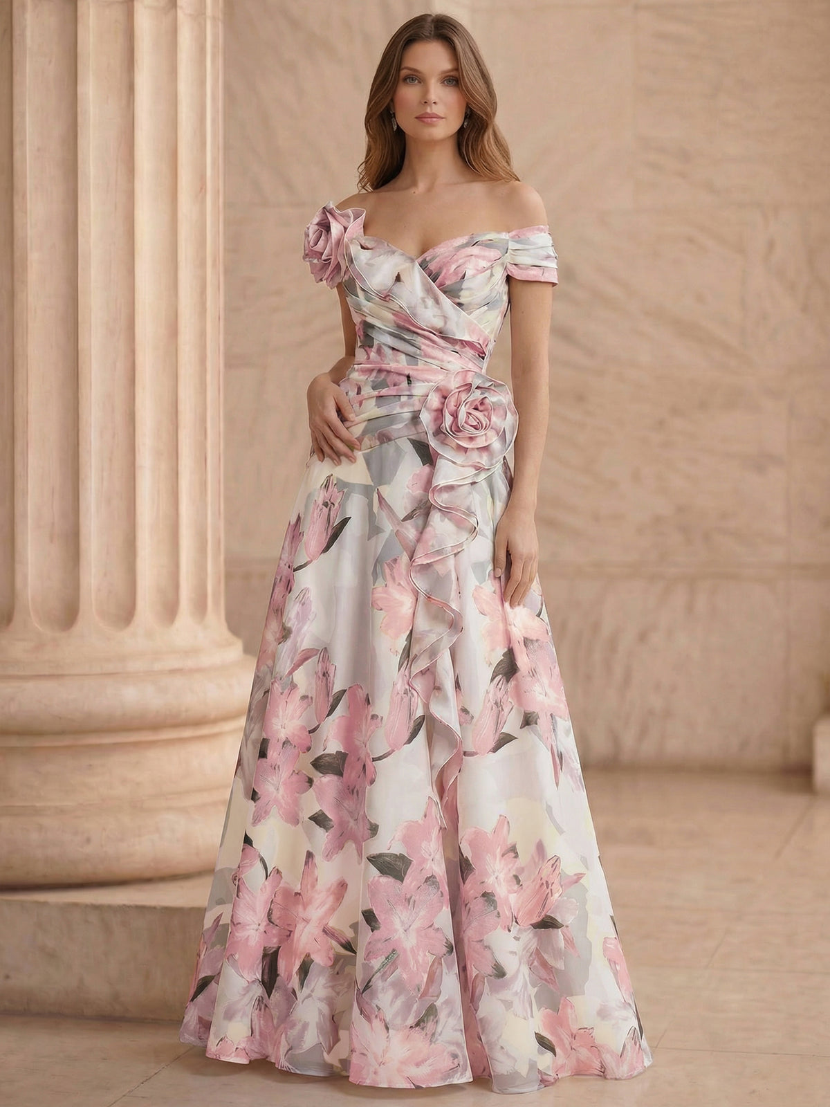 A Line/Princesses Floral Evening Dress Corset Elegant Pink Sleevelss Evening Dress Off The Shoulder Floor-Length Evening Dress