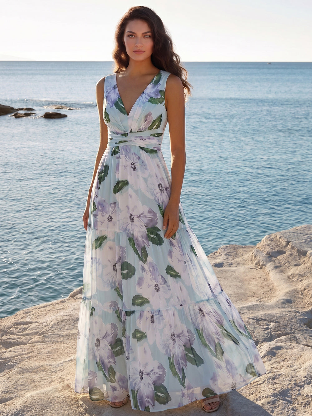 A Line/Princesses Floral Evening Dress Ruched Elegant Light Blue Floral Chiffon V Neck Sleeveless Floor-length Casual Wedding Guest Dress