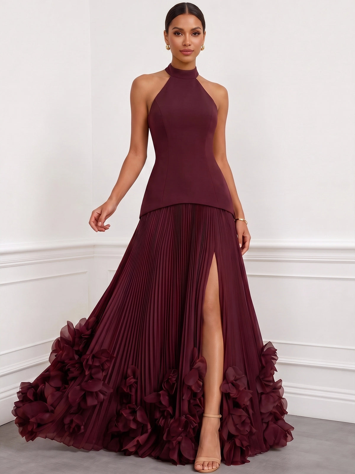 A Line/Princesses Evening Dresses Pleated Chiffon Halter Neck Sleeveless Floor-Length Side Slit Boning 3D flowers Lace-Up Formal Dress