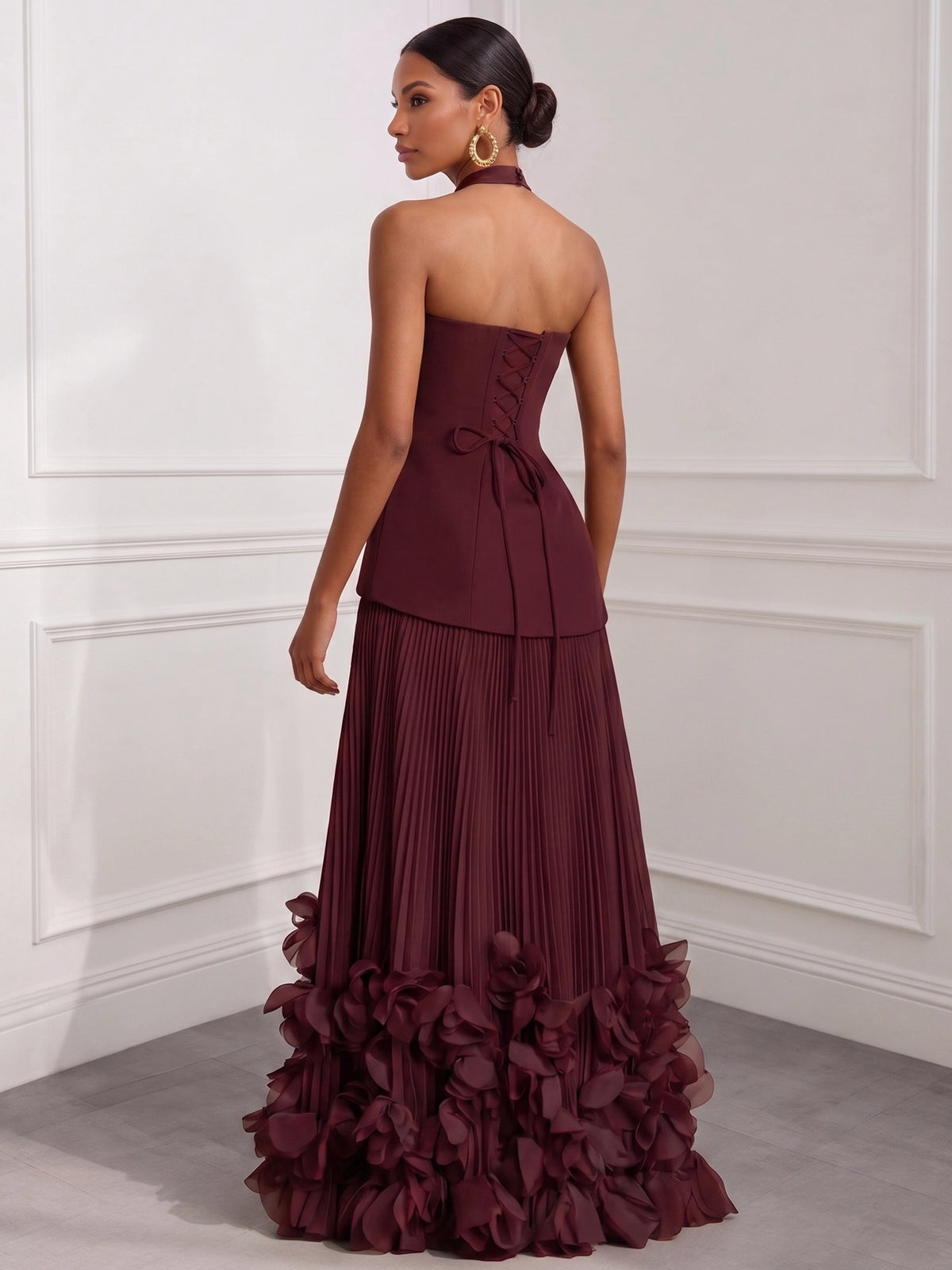 A Line/Princesses Evening Dresses Pleated Chiffon Halter Neck Sleeveless Floor-Length Side Slit Boning 3D flowers Lace-Up Formal Dress