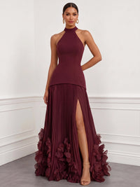 A Line/Princesses Evening Dresses Pleated Chiffon Halter Neck Sleeveless Floor-Length Side Slit Boning 3D flowers Lace-Up Formal Dress