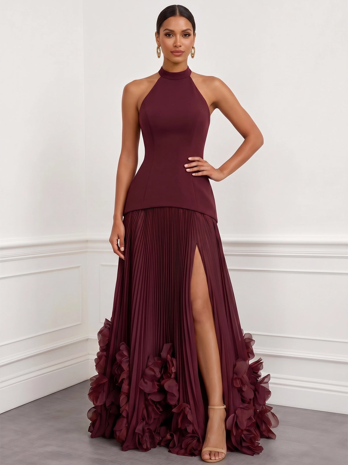 A Line/Princesses Evening Dresses Pleated Chiffon Halter Neck Sleeveless Floor-Length Side Slit Boning 3D flowers Lace-Up Formal Dress