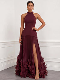 A Line/Princesses Evening Dresses Pleated Chiffon Halter Neck Sleeveless Floor-Length Side Slit Boning 3D flowers Lace-Up Formal Dress
