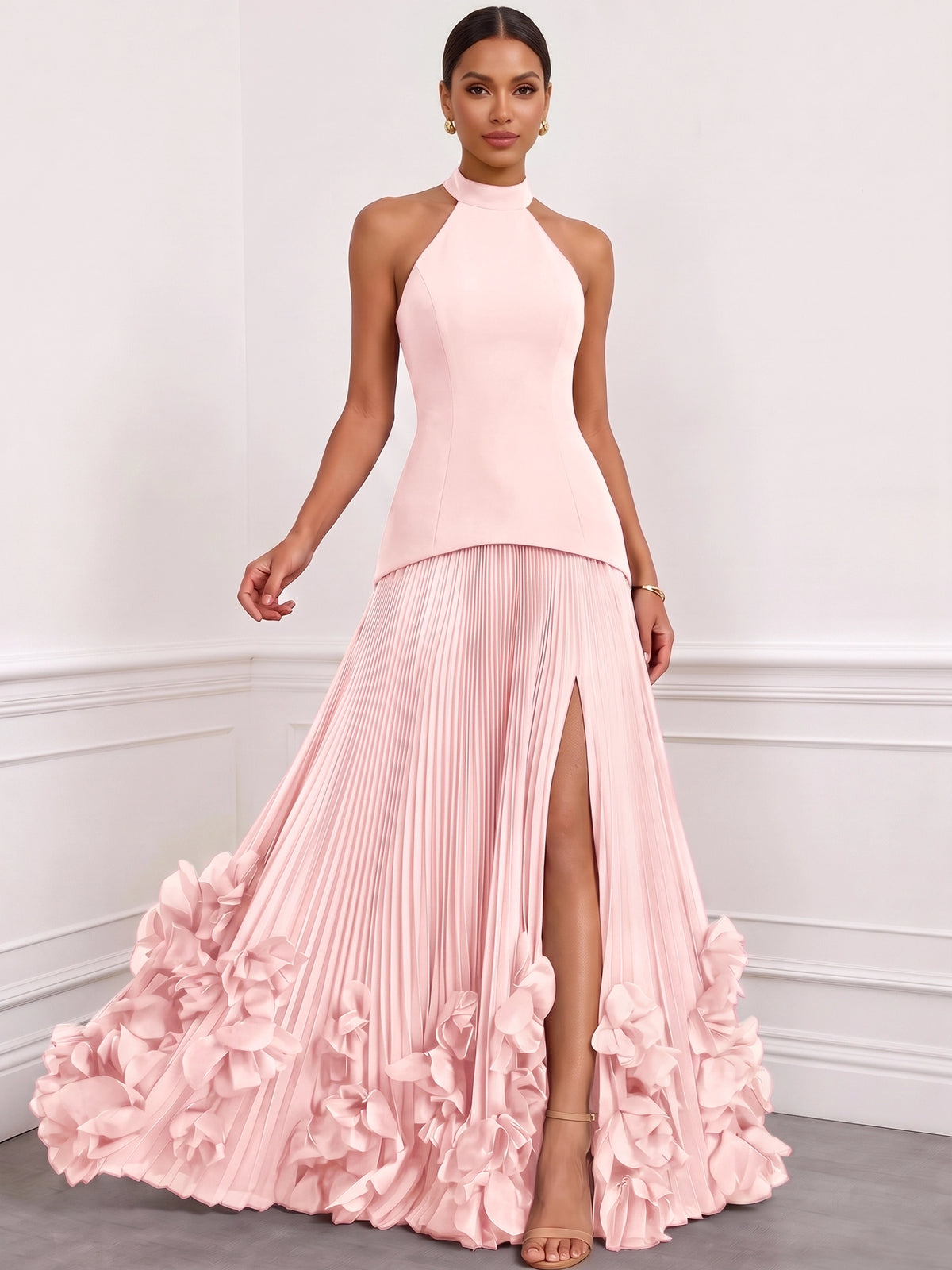 A Line/Princesses Evening Dresses Pleated Chiffon Halter Neck Sleeveless Floor-Length Side Slit Boning 3D flowers Lace-Up Formal Dress