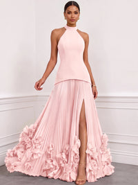 A Line/Princesses Evening Dresses Pleated Chiffon Halter Neck Sleeveless Floor-Length Side Slit Boning 3D flowers Lace-Up Formal Dress