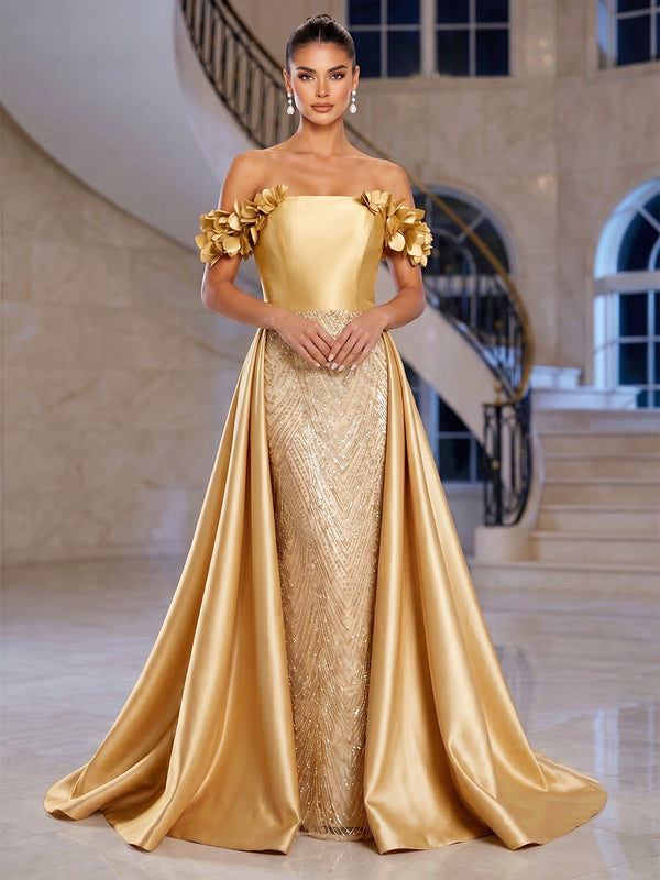 Sheath/Column Evening Dresses Elegant Sequins Satin Floor-Length Off-The-Shoulder Sleeveless With 3D Floral Appliques Overskirt Zipper Formal Dresses