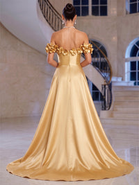 Sheath/Column Evening Dresses Elegant Sequins Satin Floor-Length Off-The-Shoulder Sleeveless With 3D Floral Appliques Overskirt Zipper Formal Dresses