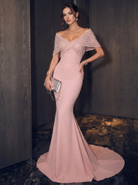Mermaid Evening Gown Sexy Off The Shouder Short Sleeves With Beads Party Dress