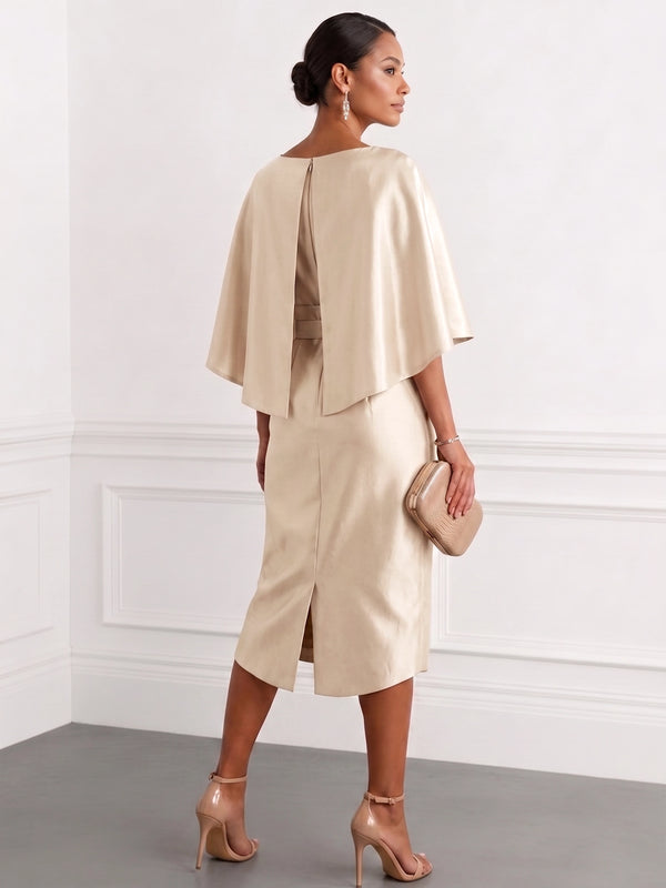 Sheath Cocktail Dress Satin Party Dress Half Cape Sleeves Mother Of The Bride Dress Ruched Crew Neck Formal Elegant Dress Knee Length With Rhinestone