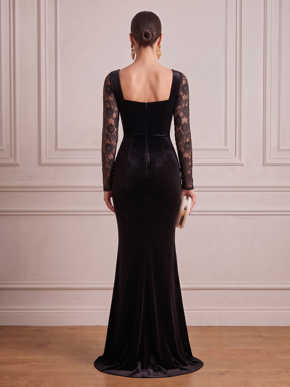 Black Mermaid Velvet Evening Gown Floor Length Square Neck Lace Long Sleeves Zipper Elegant Formal Dress Wedding Guest