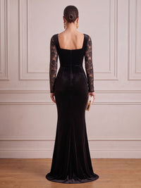 Black Mermaid Velvet Evening Gown Floor Length Square Neck Lace Long Sleeves Zipper Elegant Formal Dress Wedding Guest