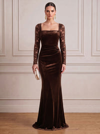 Black Mermaid Velvet Evening Gown Floor Length Square Neck Lace Long Sleeves Zipper Elegant Formal Dress Wedding Guest