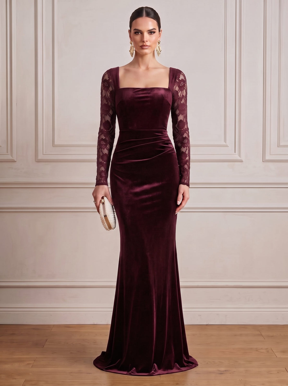 Black Mermaid Velvet Evening Gown Floor Length Square Neck Lace Long Sleeves Zipper Elegant Formal Dress Wedding Guest