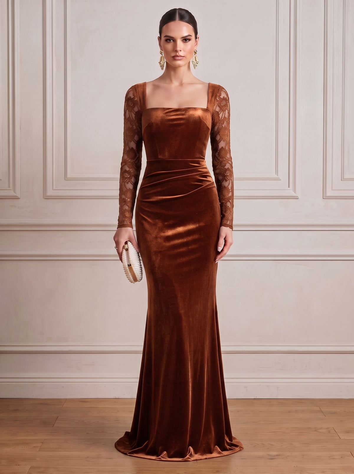 Black Mermaid Velvet Evening Gown Floor Length Square Neck Lace Long Sleeves Zipper Elegant Formal Dress Wedding Guest