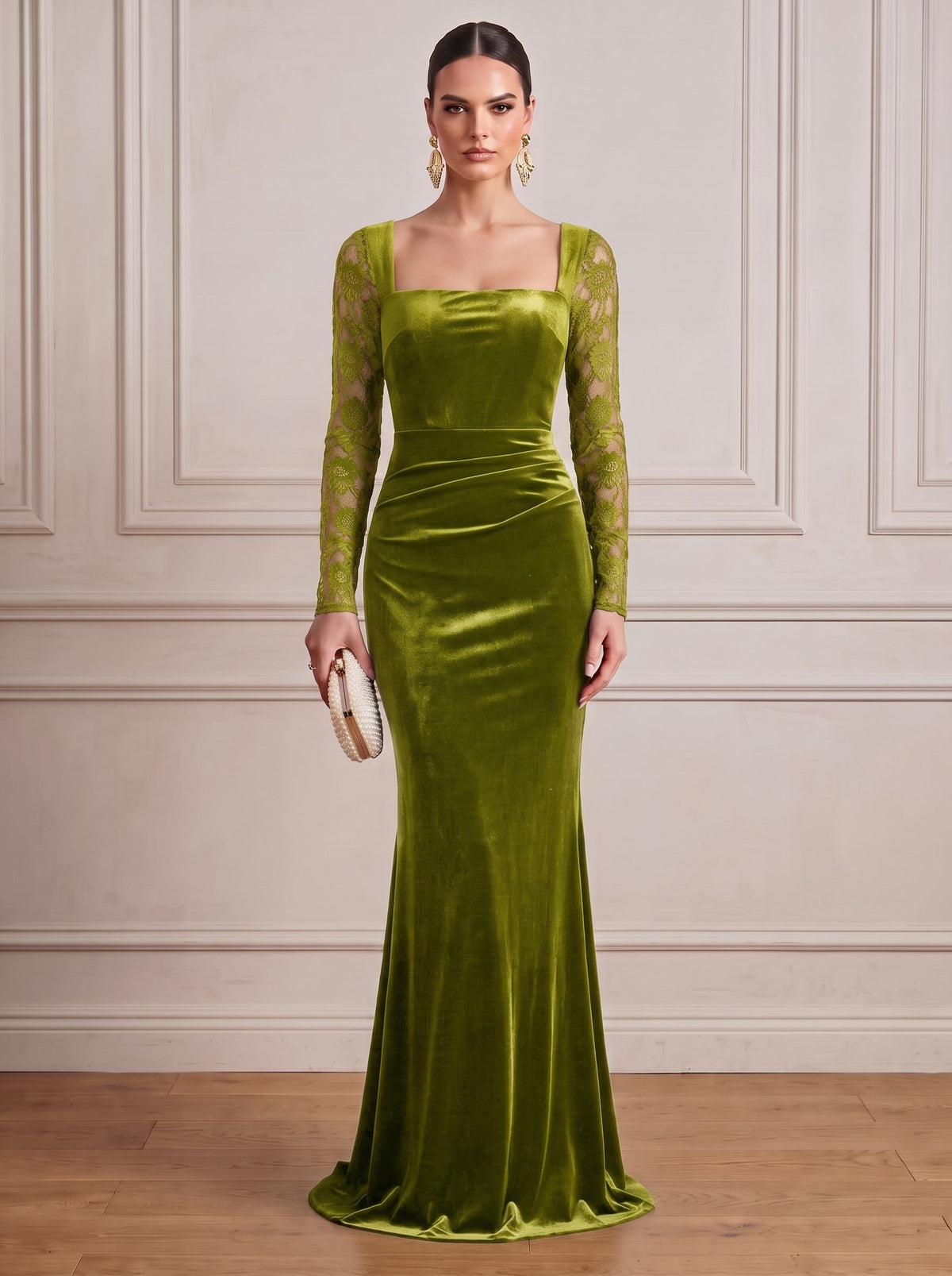 Black Mermaid Velvet Evening Gown Floor Length Square Neck Lace Long Sleeves Zipper Elegant Formal Dress Wedding Guest