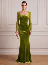 Black Mermaid Velvet Evening Gown Floor Length Square Neck Lace Long Sleeves Zipper Elegant Formal Dress Wedding Guest