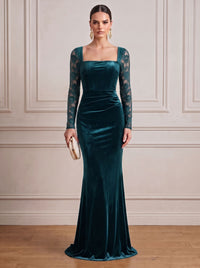 Black Mermaid Velvet Evening Gown Floor Length Square Neck Lace Long Sleeves Zipper Elegant Formal Dress Wedding Guest