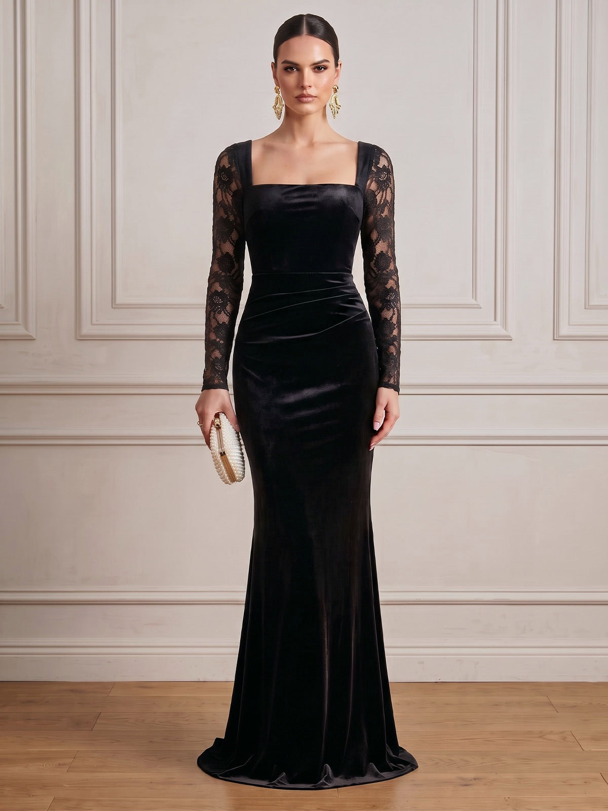 Black Mermaid Velvet Evening Gown Floor Length Square Neck Lace Long Sleeves Zipper Elegant Formal Dress Wedding Guest