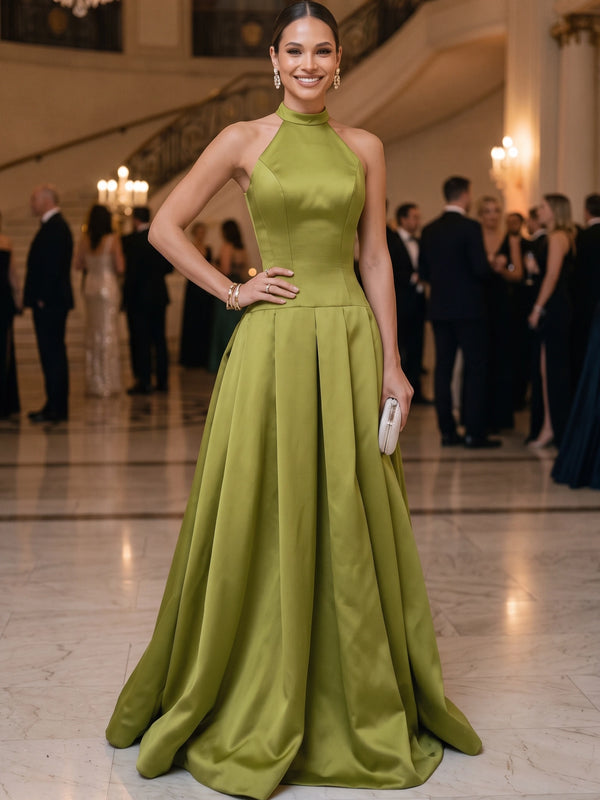 A-Line Evening Dresses Halter Neck Christmas Sleeveless Olive Green Floor Length Formal Pleated Wedding Guest Dress