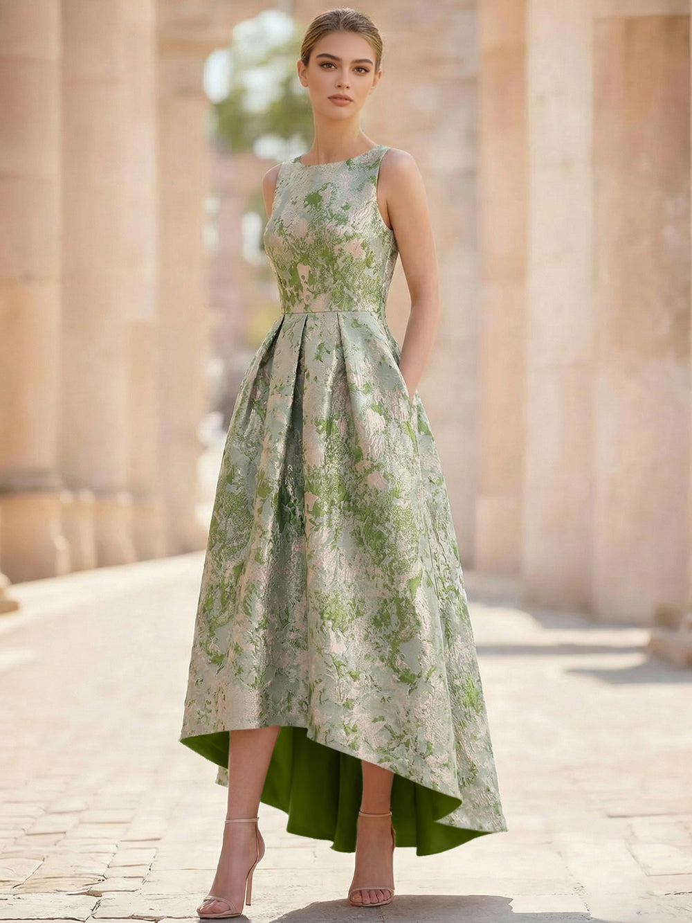 A-Line Cocktail Dress Elegant Jacquard Floral Dress High Low Tea Length Sleeveless Round Neck with Pocket Wedding Guest Dress