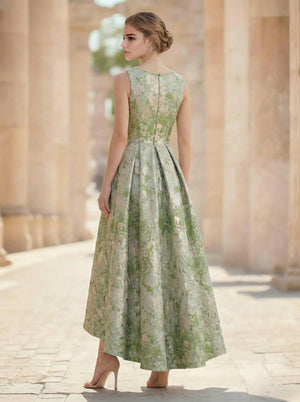 A-Line Cocktail Dress Elegant Jacquard Floral Dress High Low Tea Length Sleeveless Round Neck with Pocket Wedding Guest Dress