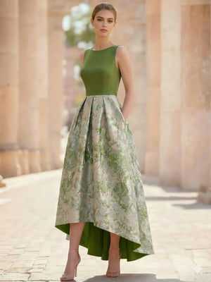 A-Line Cocktail Dress Elegant Jacquard Floral Dress High Low Tea Length Sleeveless Round Neck with Pocket Wedding Guest Dress