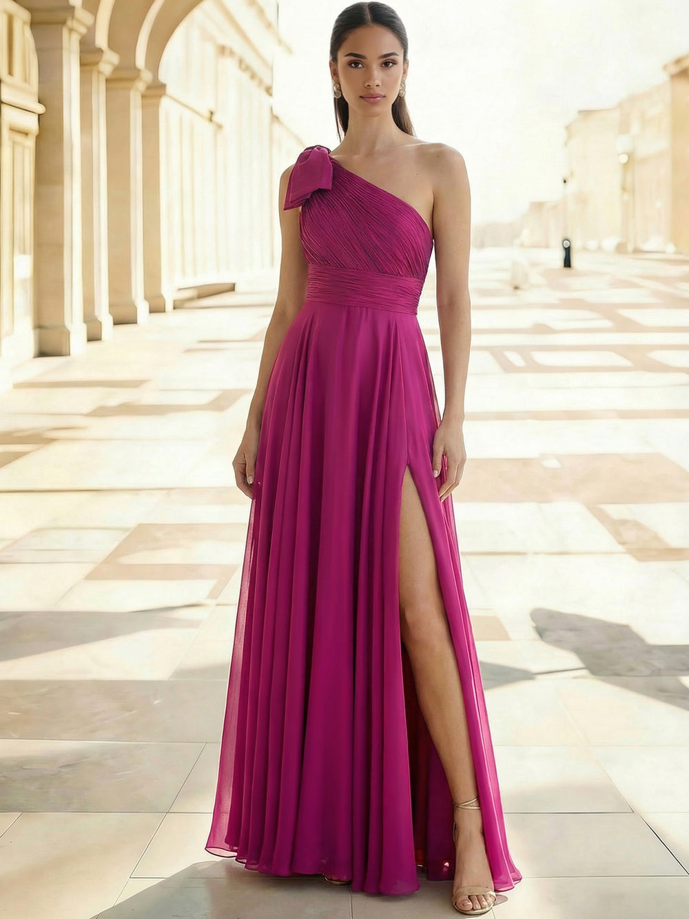 A-Line Elegant Evening Dresses Stretch Chiffon One Shoulder Floor-Length Formal Dress With Shoulder Bow&Side Slit