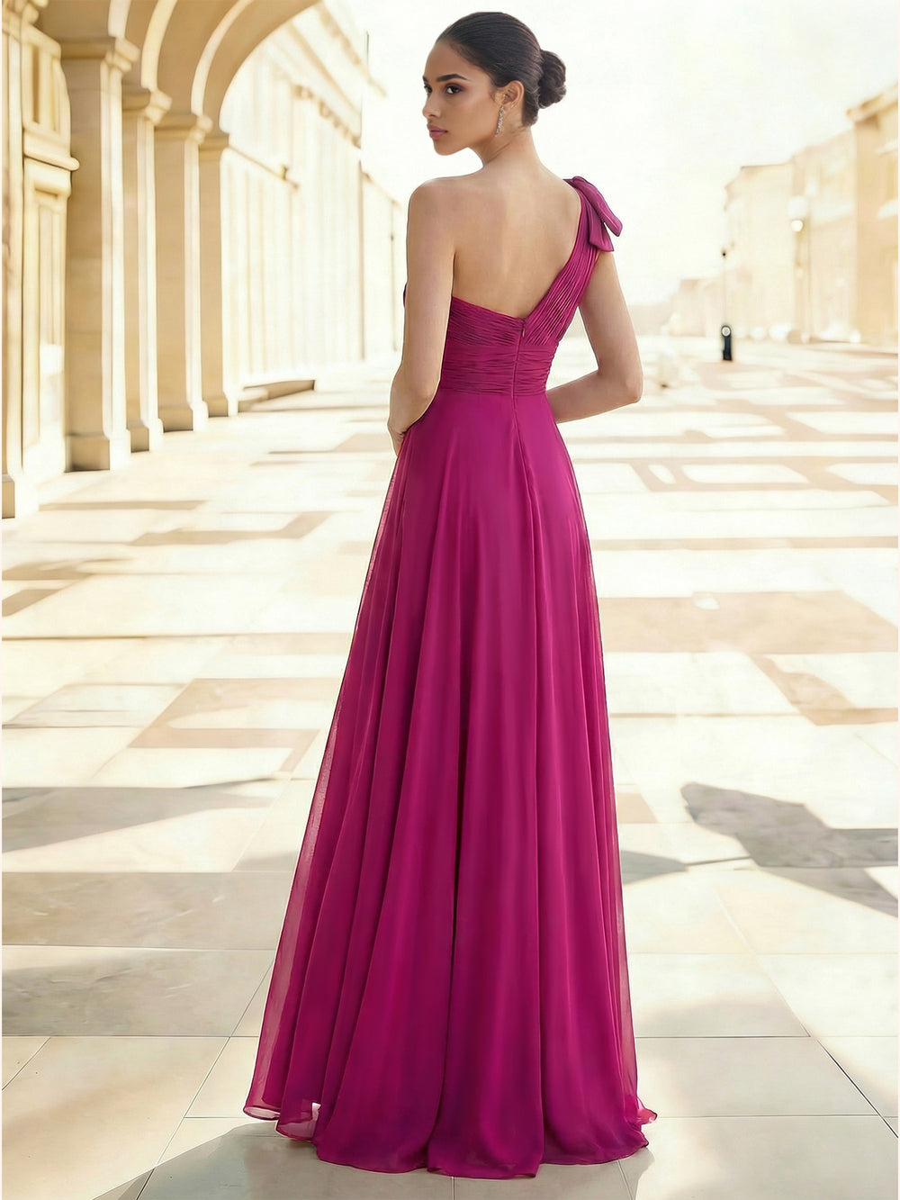 A-Line Elegant Evening Dresses Stretch Chiffon One Shoulder Floor-Length Formal Dress With Shoulder Bow&Side Slit