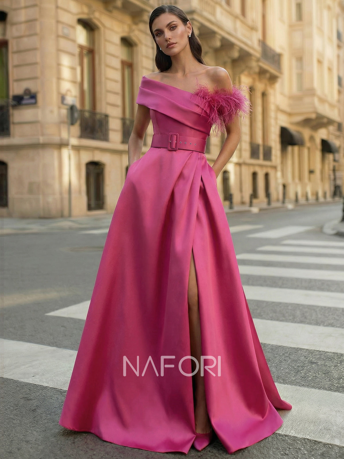 A-Line/Princess Evening Dress One-Shoulder Pocket Sleeveless Floor-Length Formal Corset Dress With Belt Pocket