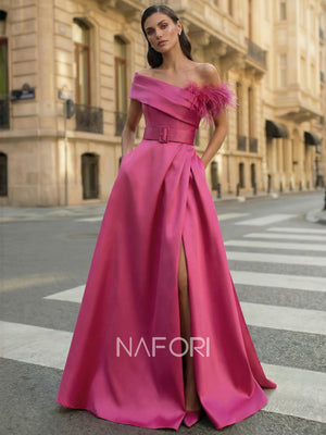 A-Line/Princess Evening Dress One-Shoulder Pocket Sleeveless Floor-Length Formal Corset Dress With Belt Pocket