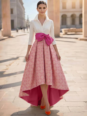A-Line Cocktail Dress High-low hemline Party Dresses Three-quarter Sleeves Shirt Collar With Bowknot