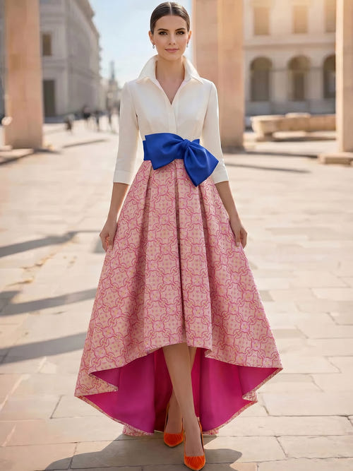 A-Line Cocktail Dress High-low hemline Party Dresses Three-quarter Sleeves Shirt Collar With Bowknot