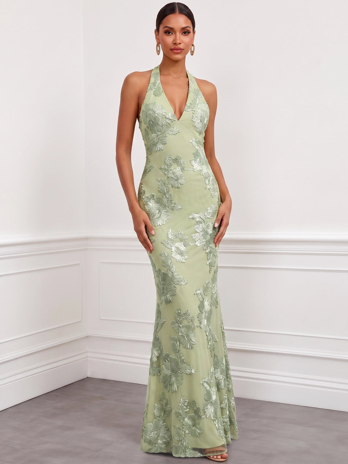 Mermaid Evening Dresses Elegant Formal Dress Appliques Satin Halter Sleeveless Floor-Length With Bowknot
