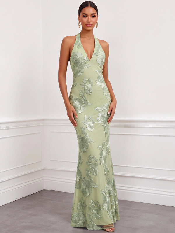 Mermaid Evening Dresses Elegant Formal Dress Appliques Satin Halter Sleeveless Floor-Length With Bowknot