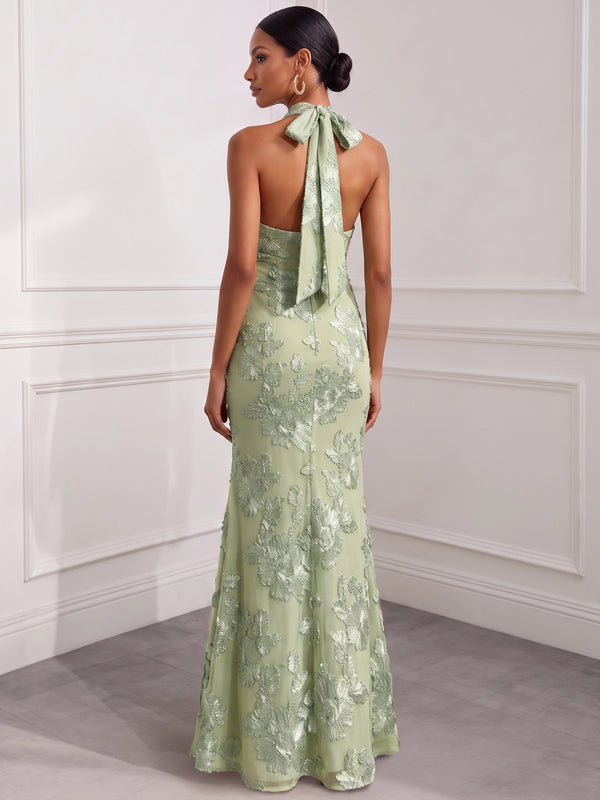 Mermaid Evening Dresses Elegant Formal Dress Appliques Satin Halter Sleeveless Floor-Length With Bowknot