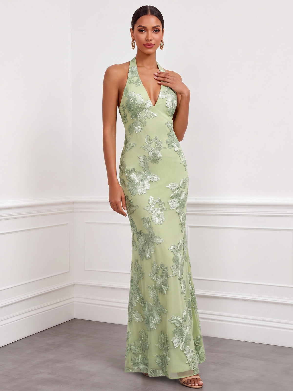 Mermaid Evening Dresses Elegant Formal Dress Appliques Satin Halter Sleeveless Floor-Length With Bowknot