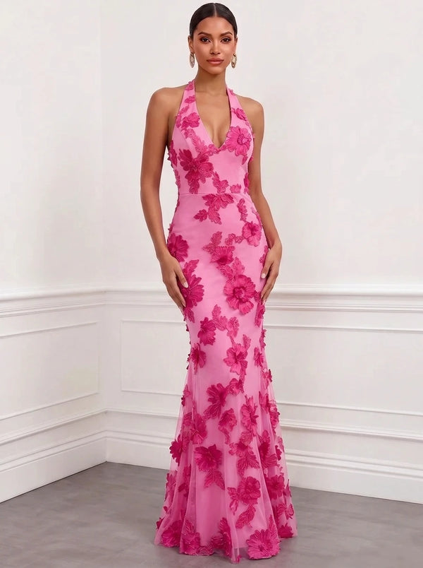 Mermaid Evening Dresses Elegant Formal Dress Appliques Satin Halter Sleeveless Floor-Length With Bowknot