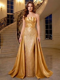 Sheath/Column Evening Dresses Elegant Sequins Satin Floor-Length Strapless Scalloped Neck Sleeveless With Overskirt Zipper Formal Dresses