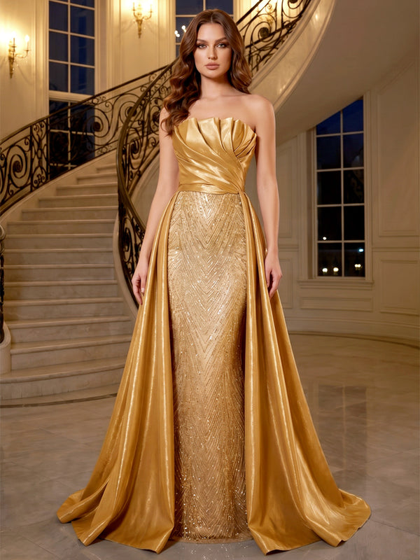 Sheath/Column Evening Dresses Elegant Sequins Satin Floor-Length Strapless Scalloped Neck Sleeveless With Overskirt Zipper Formal Dresses