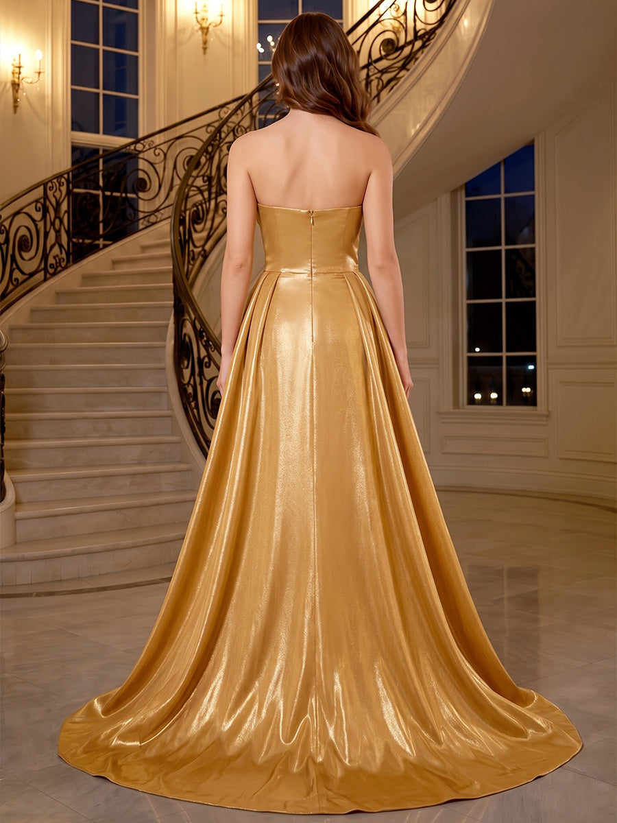 Sheath/Column Evening Dresses Elegant Sequins Satin Floor-Length Strapless Scalloped Neck Sleeveless With Overskirt Zipper Formal Dresses