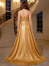 Sheath/Column Evening Dresses Elegant Sequins Satin Floor-Length Strapless Scalloped Neck Sleeveless With Overskirt Zipper Formal Dresses