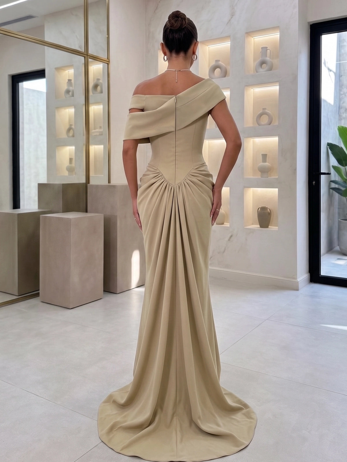 Mermaid Evening Gown Sexy Runched Off The Shouder Short Sleeves Elegant Formal Dress